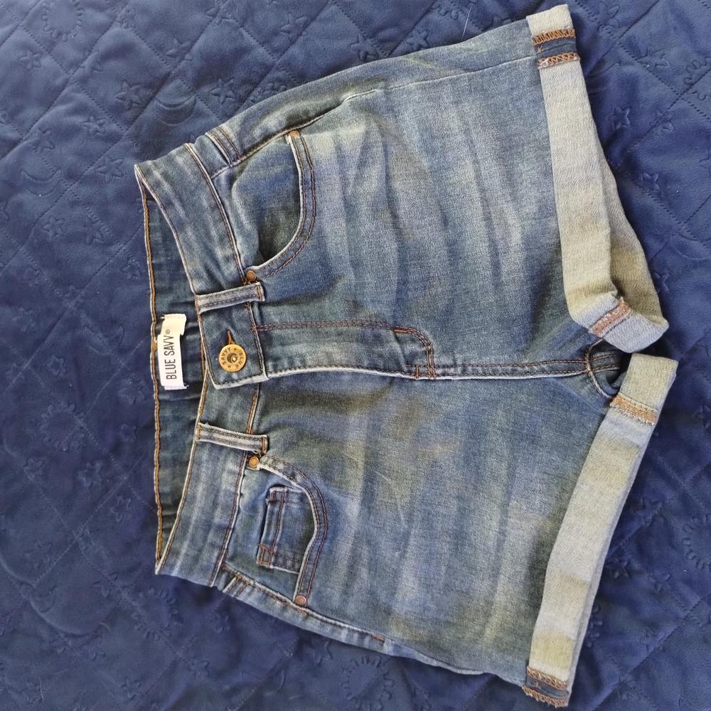 Blue Jean Shorts with Frayed Hem and Distressed Look